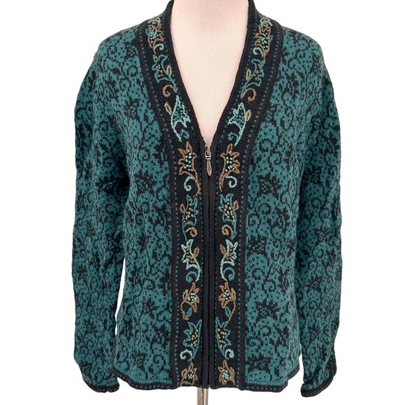 Nomadic Traders Green & Black Paisley Cardigan Sweater Size Small - Picture 1 of 7